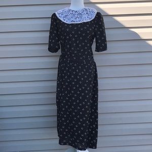Vtg bow lace collar black teacher secretary dress